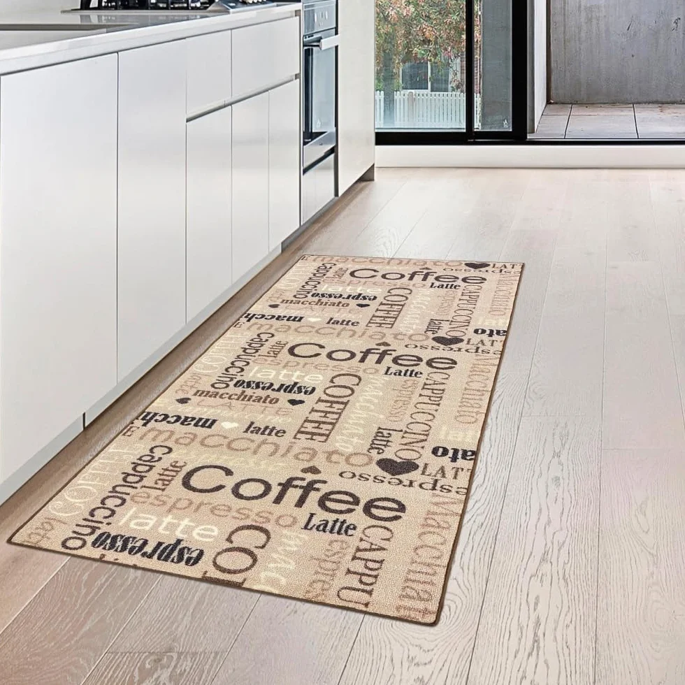 Teppich-Traum chodnik kuchenny w kolorze beżowym, z żelowym spodem i czarno-brązowym napisem Coffee Cappuccino Espresso Macchiato, 67 x 180 cm