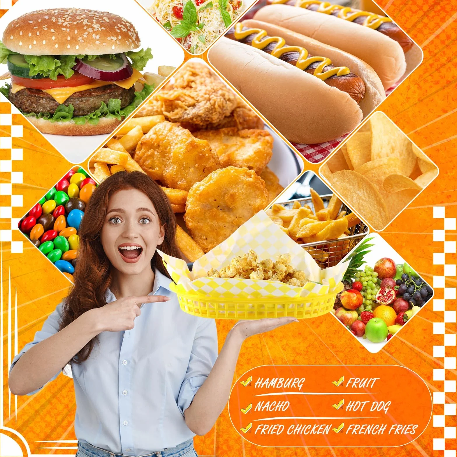 24 szt. koszy fast food ze 100 wkładkami do delikatesów, kosze na żywność halloweenową, 25 x 18 cm, do serwowania burgerów, na Halloween, hot dog, hamburgery, chleb, piknik, 24 szt