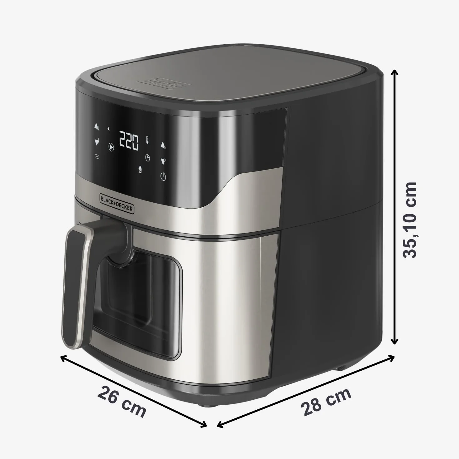 BLACK+DECKER BXAF6500E bezolejowa frytkownica powietrzna, 1600 W, 6,5 l, do 1300 g ziemniaków, przezroczyste okienko w koszu, temperatura 80-220°C, 8 programów