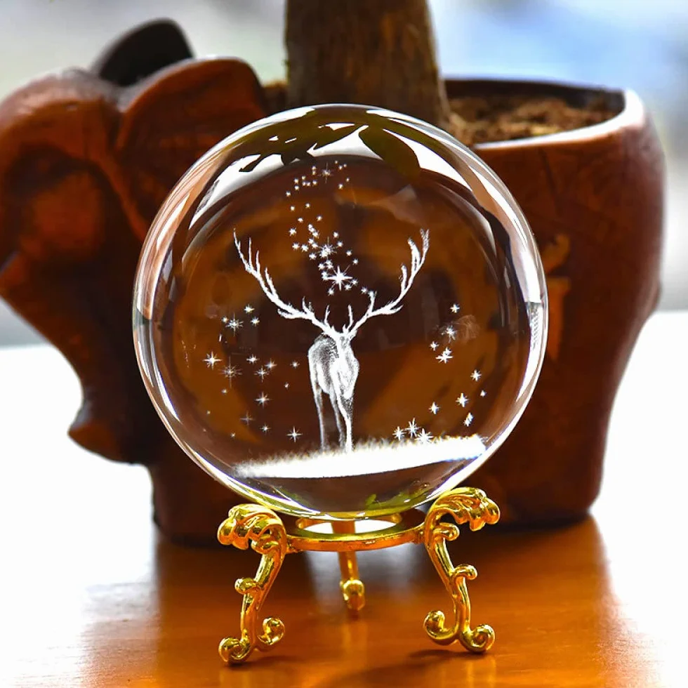 3D Wapiti Ball grawerowane szklana kula kryształowy ornament miniaturowy renifer Home Decor akcesoria do dekoracji świątecznych kula, kula złota podstawa, 8cm