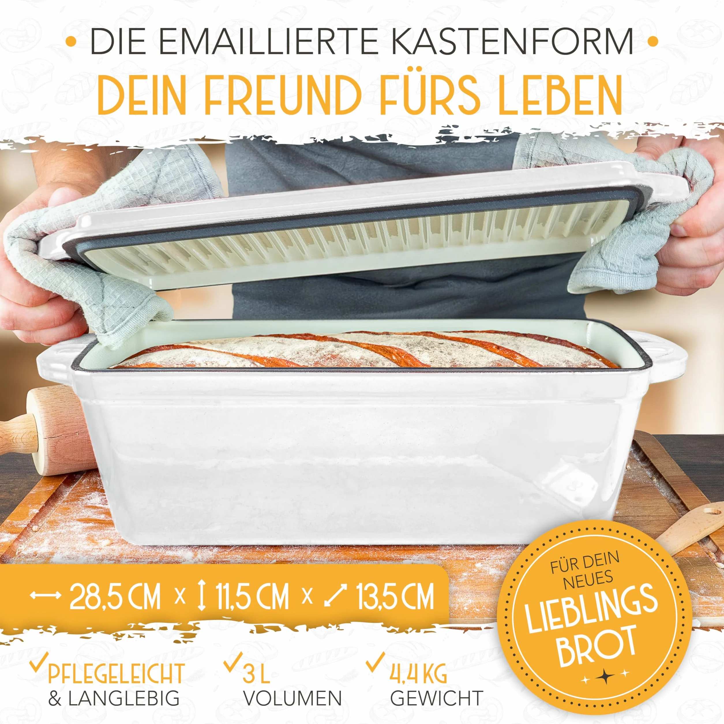 KRUSTENZAUBER emaliowana forma do pieczenia chleba z pokrywką, łącznie z koszem fermentacyjnym, wytrzymała forma do pieczenia 28 cm z żeliwa, idealna jako forma do pieczenia, forma do pieczenia
