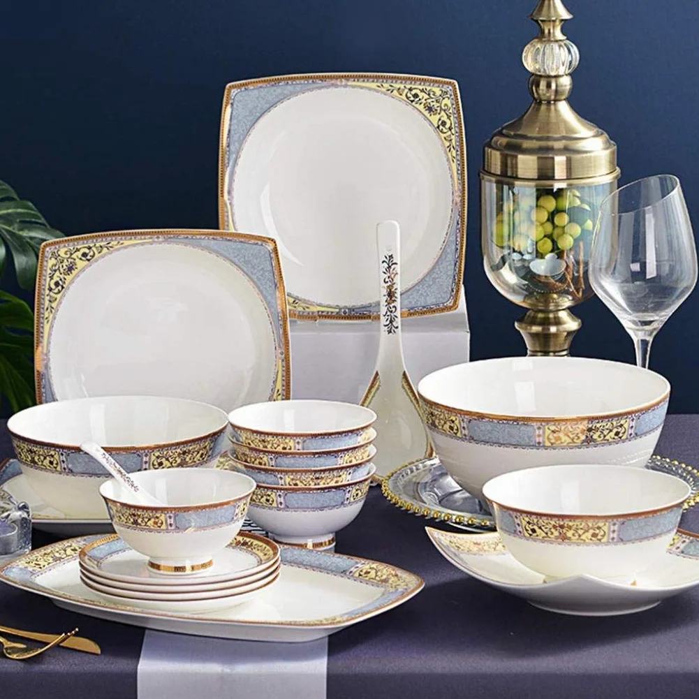 Zestaw obiadowy, 40-częściowy zestaw porcelanowych zastaw stołowych dla 6 osób. Kunszt z polerowaniem i kombinacją zastawy stołowej ze wzorem Phnom Penh