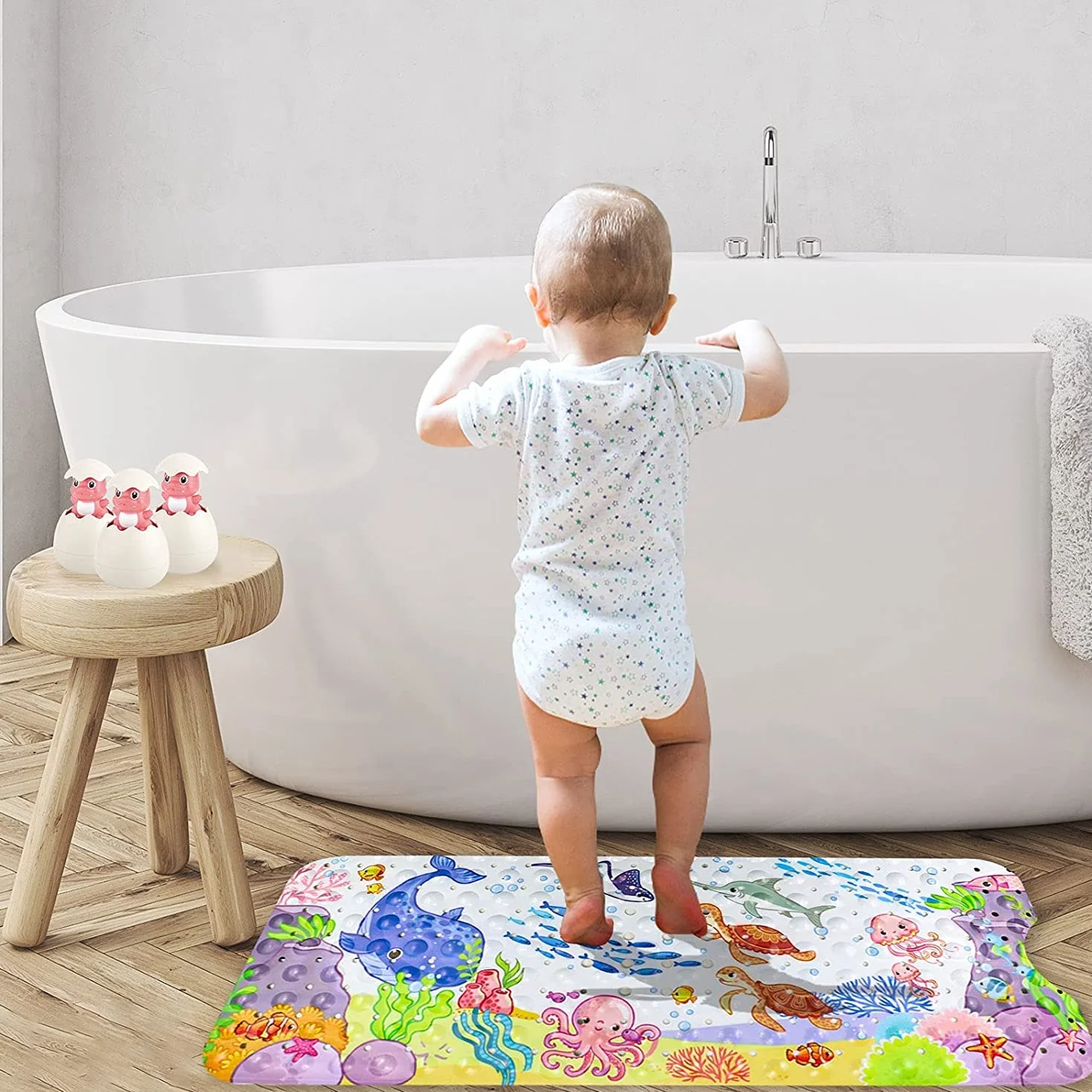 Antypoślizgowa mata do wanny dla dzieci (100 x 40 cm), obraz zwierząt morskich, mata łazienkowa z 200 przyssawkami, antypoślizgowa mata do wanny na baby shower, antypoślizgowa, odporna na
