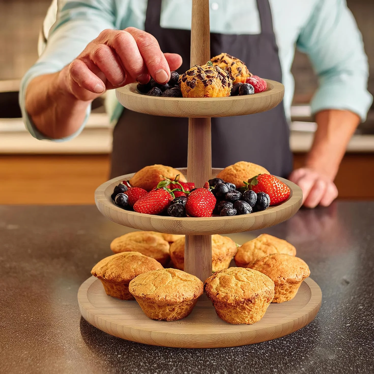 Dimono® Bamboo Etagere Premium Serving Stand 3-tier; taca do serwowania deserów, ciast, serów, wędlin, ciasteczek, orzechów, słodyczy candy bar 3-tier. (bambus)