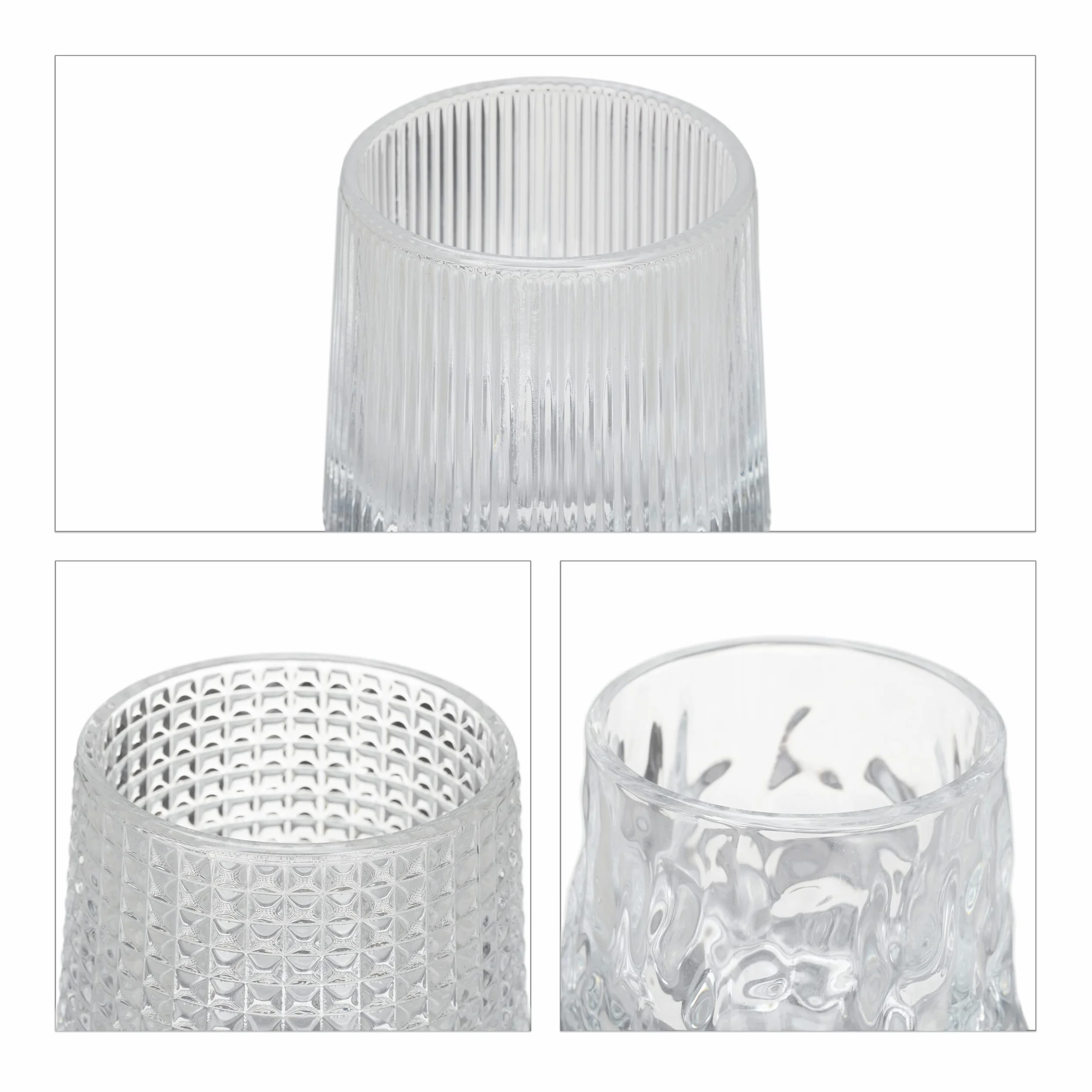 Relaxdays Szklanki do whisky, zestaw 12 sztuk, 3 różne szlify, 150 ml, szklanki do drgania się, wys. x śr.: 7,5 x 8 cm, przezroczyste, 12 sztuk (1 opakowanie)