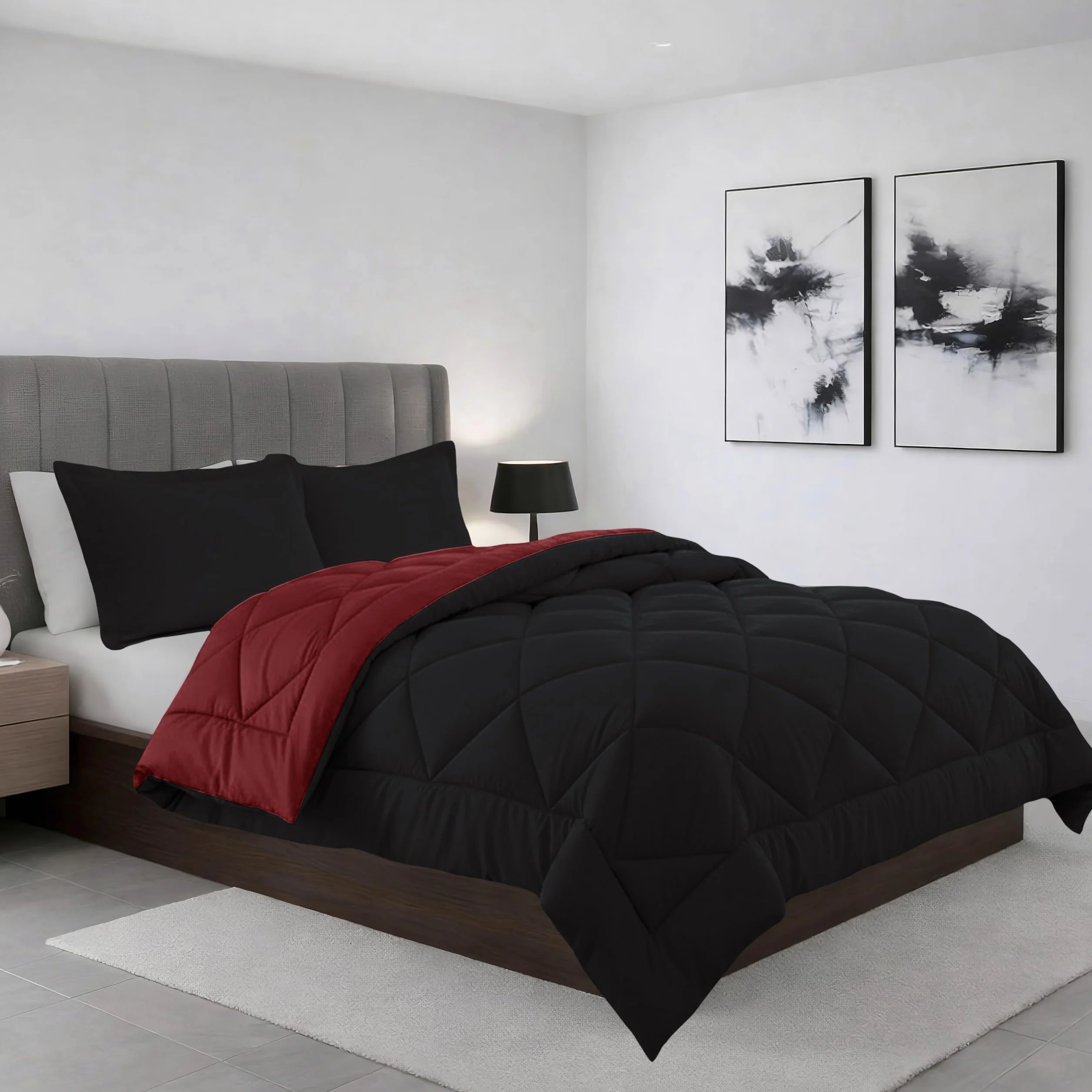 Elegant Comfort Oddychająca i super miękka całoroczna dwustronna kołdra z diamentowym pudełkiem, bawełna, czarny/bordowy, podwójny