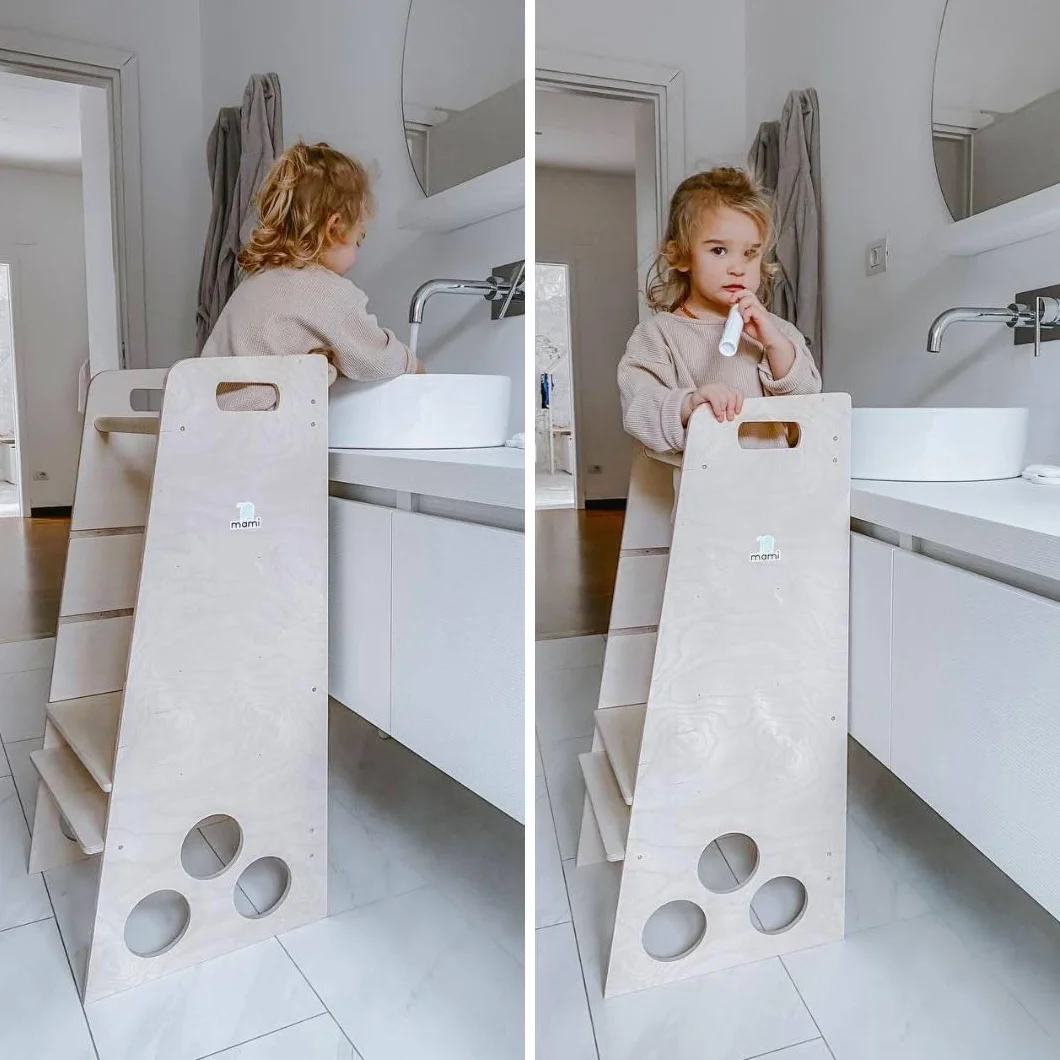 mamikids Learning Tower wieża Montessorian z naturalnego drewna z tablicą dla dzieci w wieku 2-6 lat, wieża Montessorian Learning Learning, możliwość przekształcenia w drabinę, stół, stołek dla
