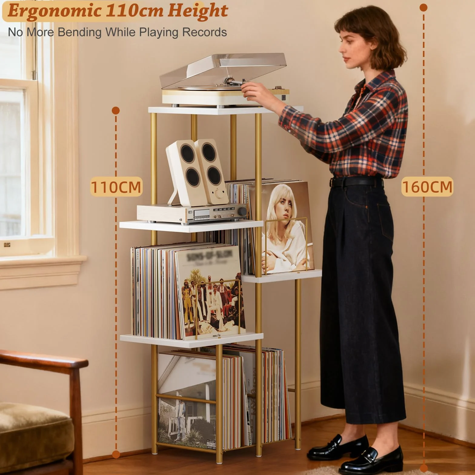 Bikoney Skivspelarbord Mid-Century Modern med Vinylförvaring för LP | Elegancka Wysoka Konsola Drewniana W Stylu Mid-Century Do Salonu, Pojemna Szafka Na Gramofon I Organizer Na Płyty LP