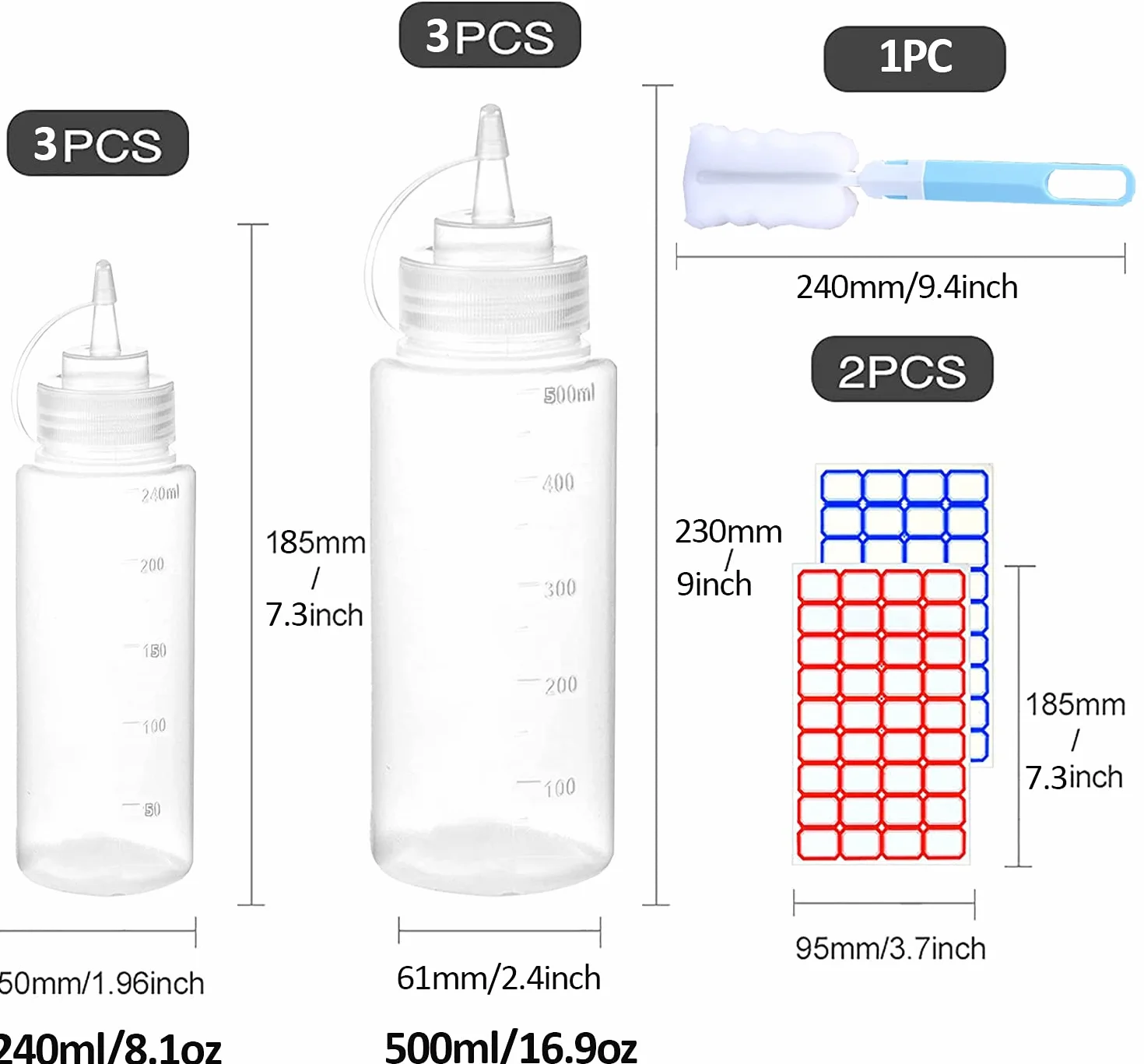 Squeeze butelka dozująca z nakrętkami, 240 ml/500 ml, 6 sztuk, bez BPA, do kapanego ciasta, keczupu, pikantnych butelek z oliwą z oliwek