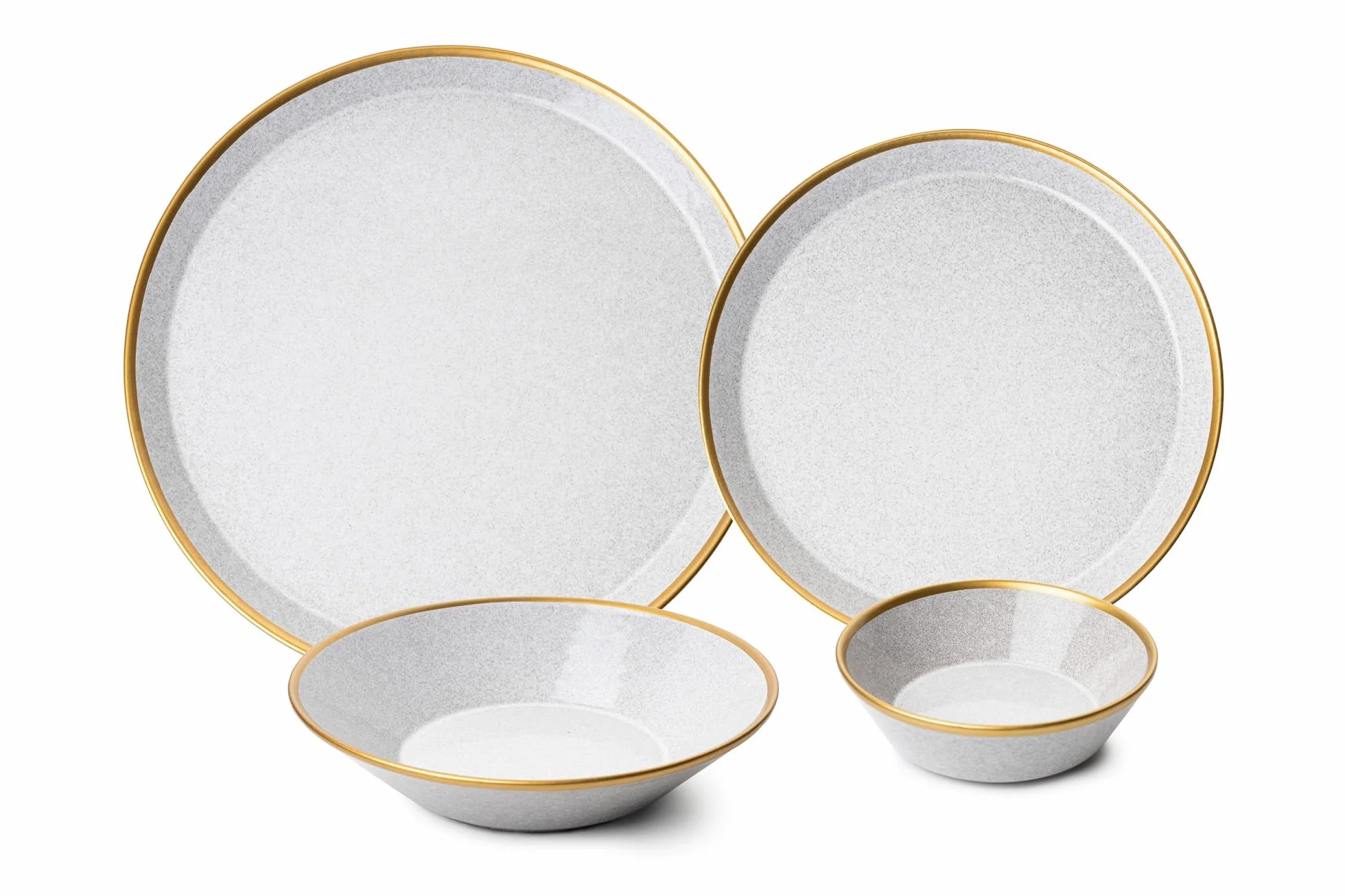 Elegancki 16-częściowy zestaw obiadowy, 100% porcelana, szary i złoty | w zestawie 4 talerze serwisowe (25 cm), talerze (20 cm), miski (14 cm), kubki (8 cm) | stylowe i wyrafinowane doświadczenie w