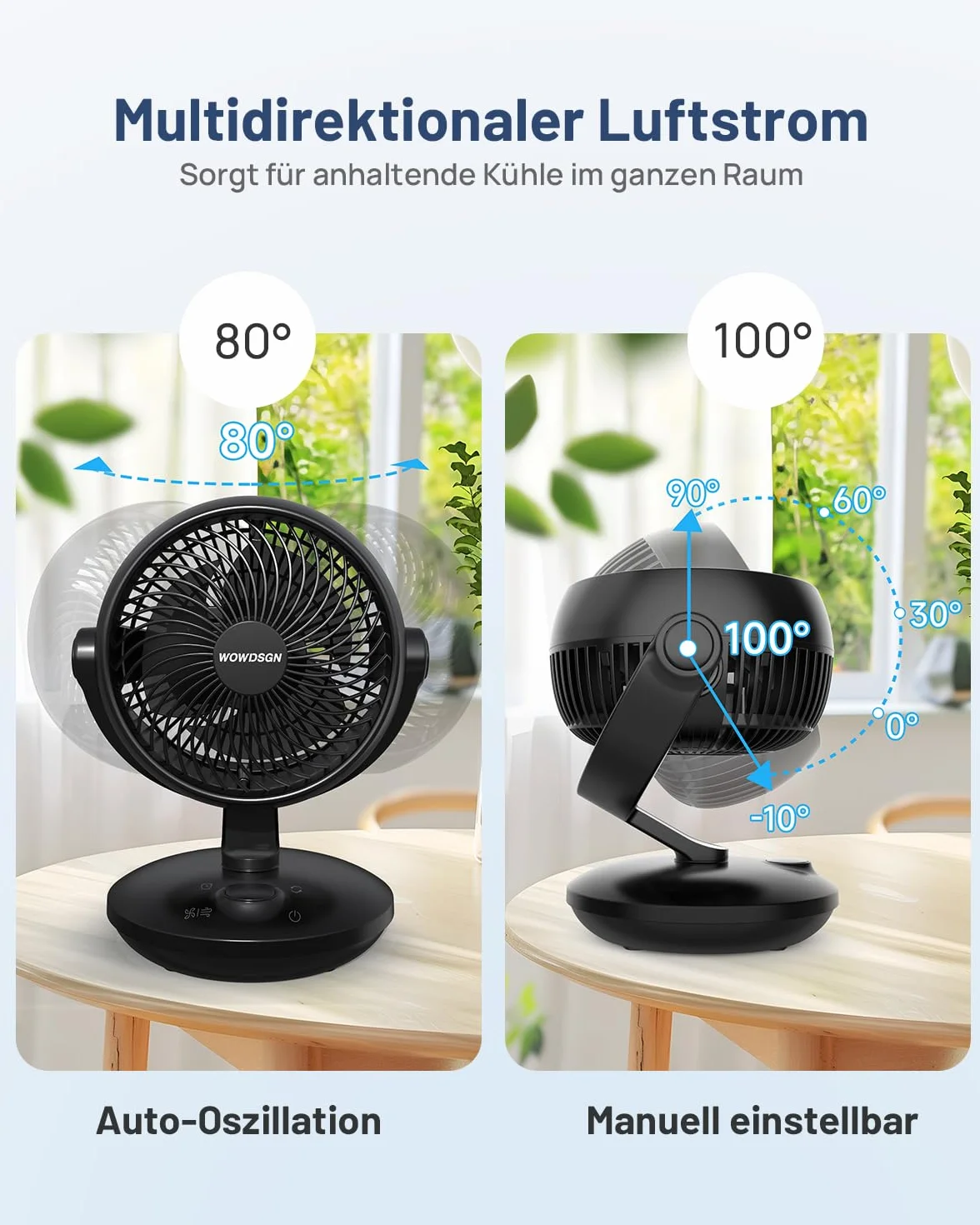 WOWDSGN Wentylator biurkowy, cichy, 24 dB, z wyświetlaczem, wydajny turbo cyrkulator 3D, 9-godzinny timer, oscylacja 100° i 80°, 6 stopni prędkości, do sypialni, salonu, biura, kuchni