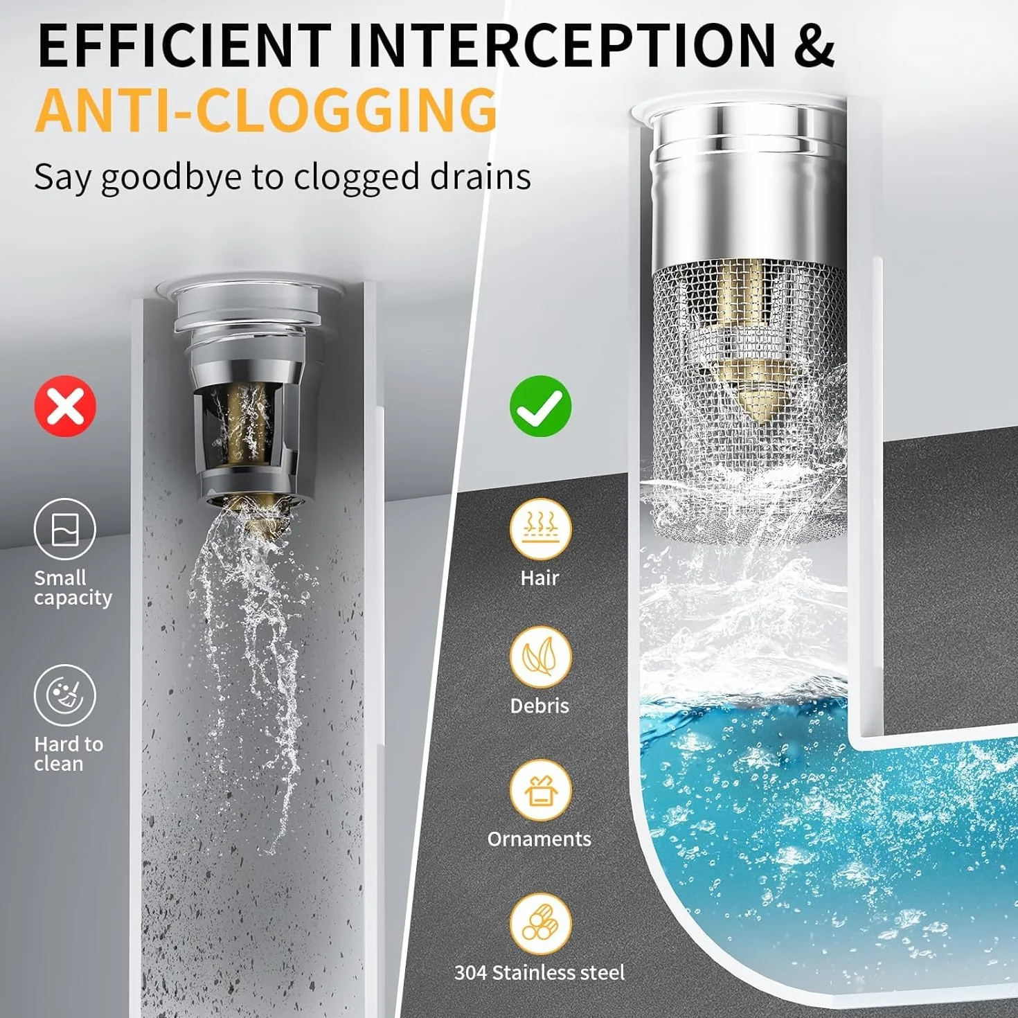 Waterjake Korek umywalkowy klik klak, zawór odpływowy, do zlewu 34-40 mm, z sitkiem na włosy, miedziany, 2 sztuki