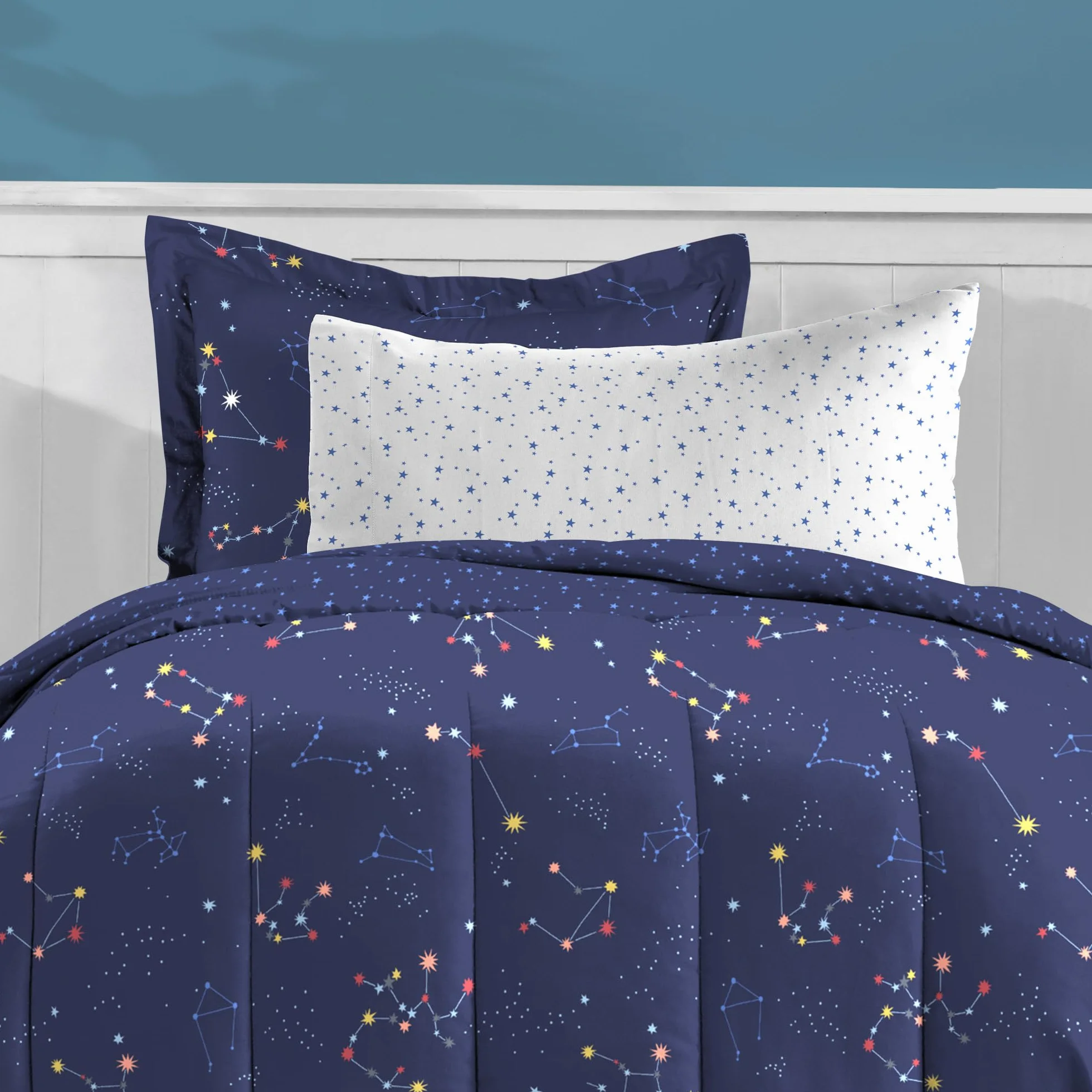 dream FACTORY 5-częściowy zestaw pościeli dla dzieci, łatwa do prania, super miękka pościel z mikrofibry, podwójna, granatowy znak zodiaku