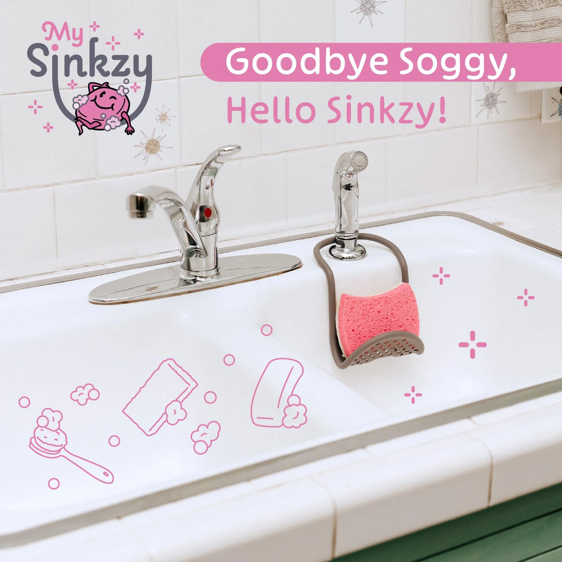 Organizer do zlewu kuchennego – uchwyt na gąbkę kuchenną do zawieszania silikonu, mydła i szczotek – uchwyt na gąbkę do zawieszania z otworami drenażowymi – elastyczny zmywalny, zajmuje mało miejsca w