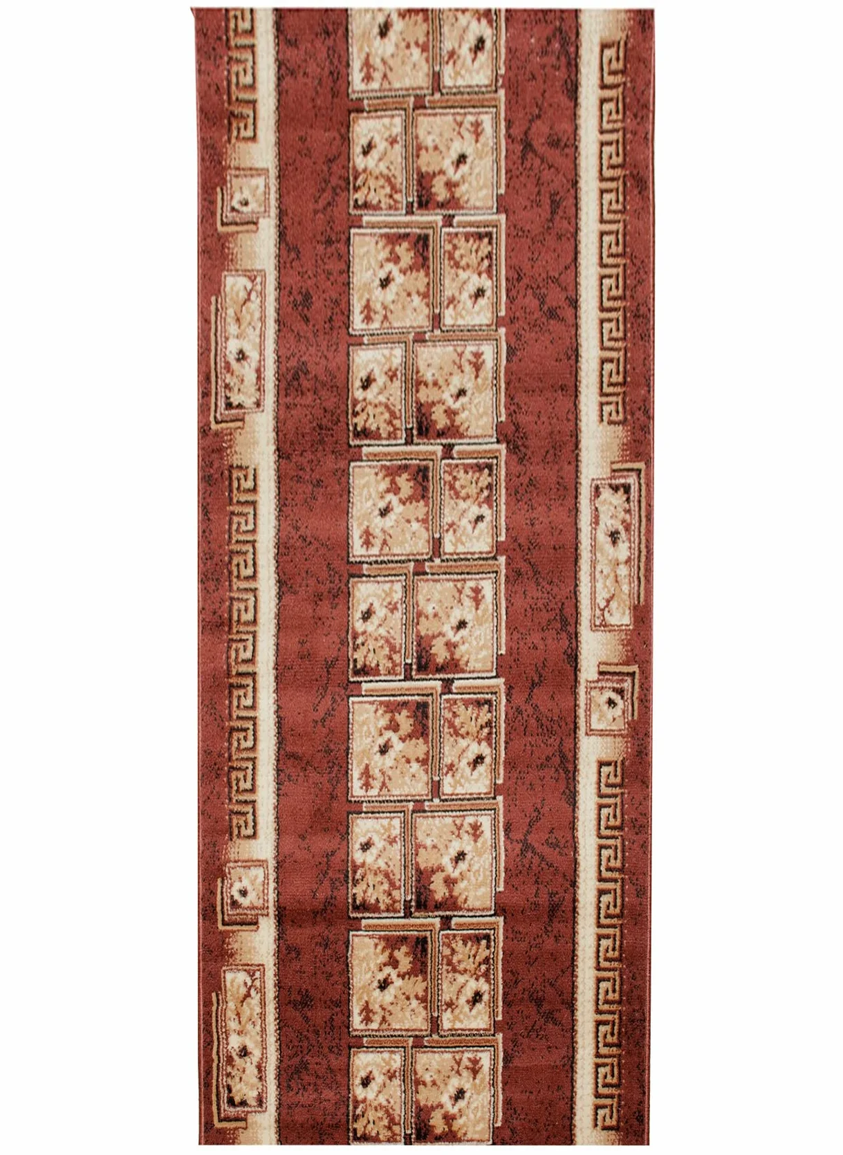 TAPISO Atlas bieżnik na korytarz, z krótkim włosiem, do kuchni, salonu, retro, kwiatowy, grecki, wzór czworokątny, brązowy, beżowy, Ökotex 90 x 260 cm