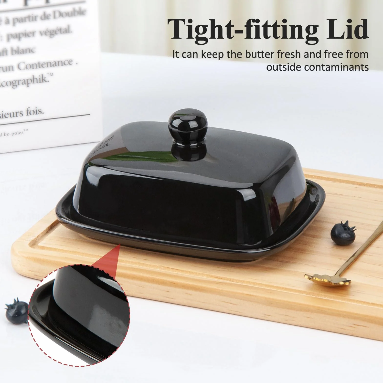Maselniczka ceramiczna z pokrywką, nadaje się do mycia w zmywarce, dobry prezent kuchenny (czarny), HZTCHYP-QGCH-210
