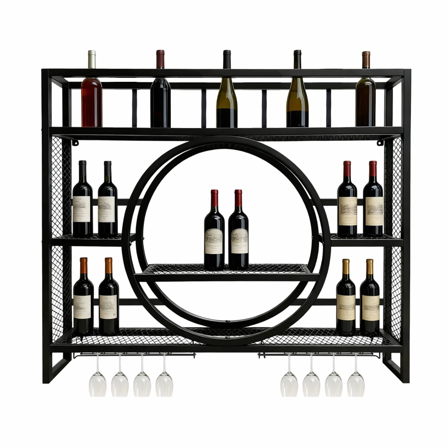 Metalowy regał na wino, wiszący regał na butelki, 100 cm, uchwyt na butelki wina, z montażu na ścianie, z 3 poziomami, nowoczesny regał ścienny, do restauracji, wnętrz, czarny