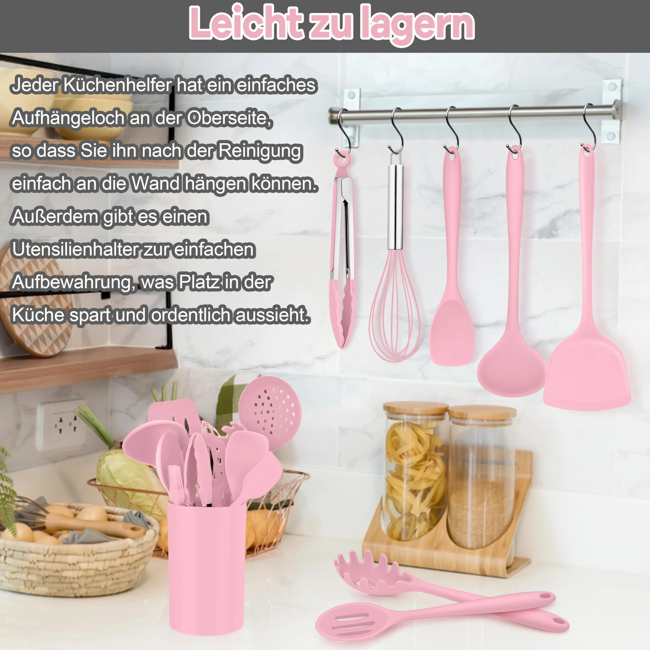 Homikit Silikonowy zestaw przyborów kuchennych, 16 sztuk, odporne na wysokie temperatury, różowe przybory kuchenne z uchwytem na przybory, zdrowe i nieprzywierające, nadają się do mycia w zmywarce