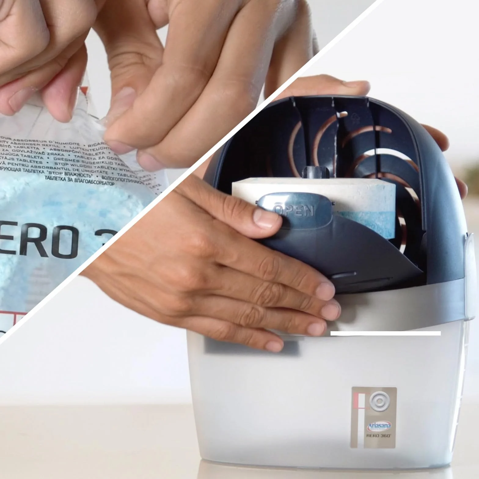 Ariasana Aero 360° Pochłaniacz wilgoci Antyzapachowy 2w1 Plastikowy osuszacz z recyklingu nieelektryczny zapobiega kondensacji pleśni i nieprzyjemnych zapachów z wkładem + 6 wkładów 450 g Bezwonny