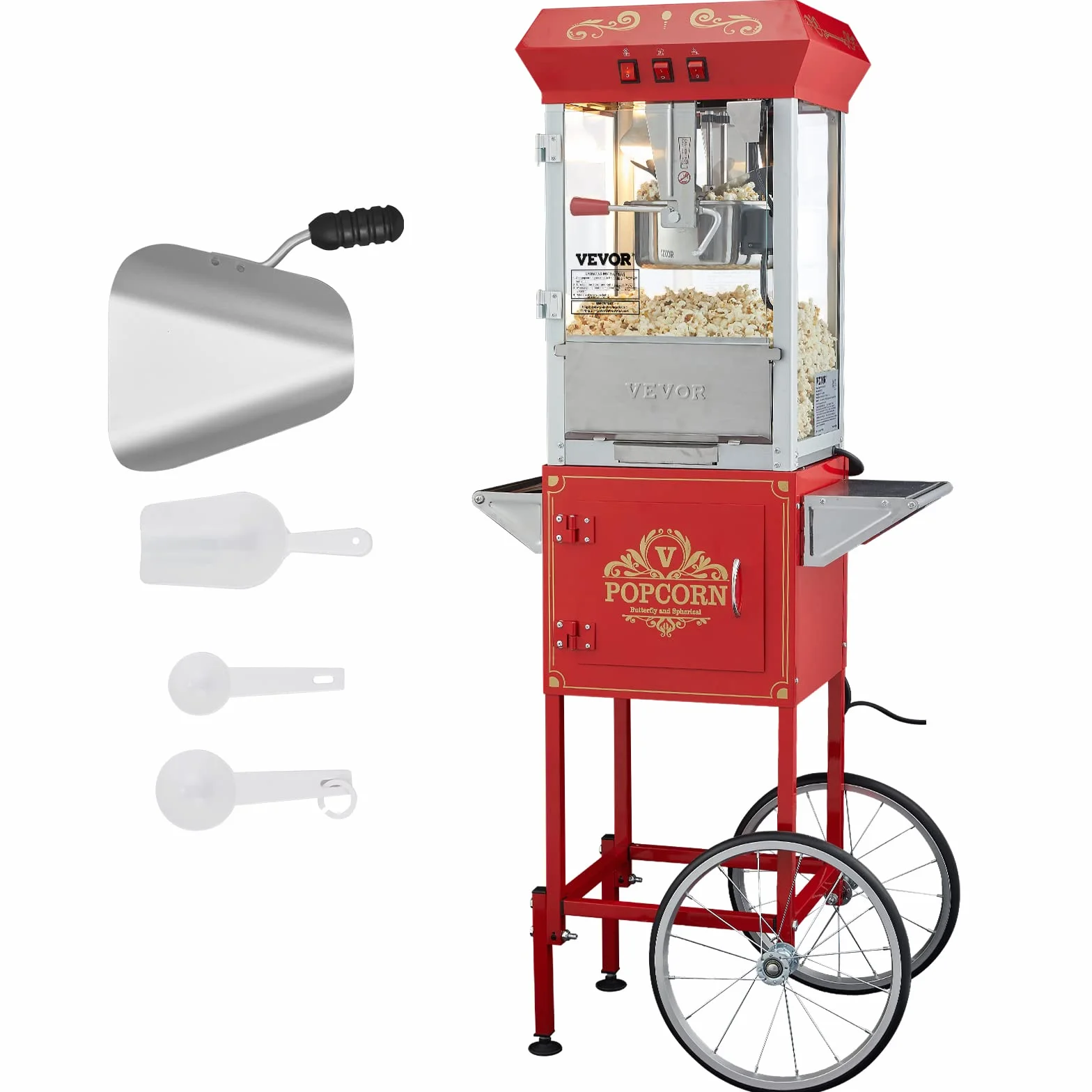 VEVOR Maszyna do popcornu z wózkiem 850 W, czajnik elektryczny do popcornu 0,22 kg na 48 filiżanek partii, maszyna do popcornu ze szkłem hartowanym, zawiera 4 miarki, styl kinowy