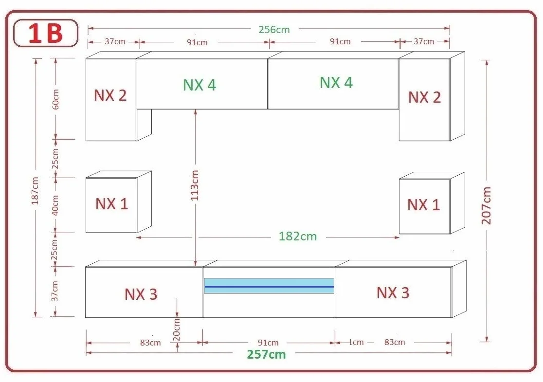 Furnitech Meblościanka do salonu – meble z diodami LED RGB – 16 kolorów – wisząca szafka nowoczesna – szafka pod telewizor (Besta GAN1-17W-HG21 1B)