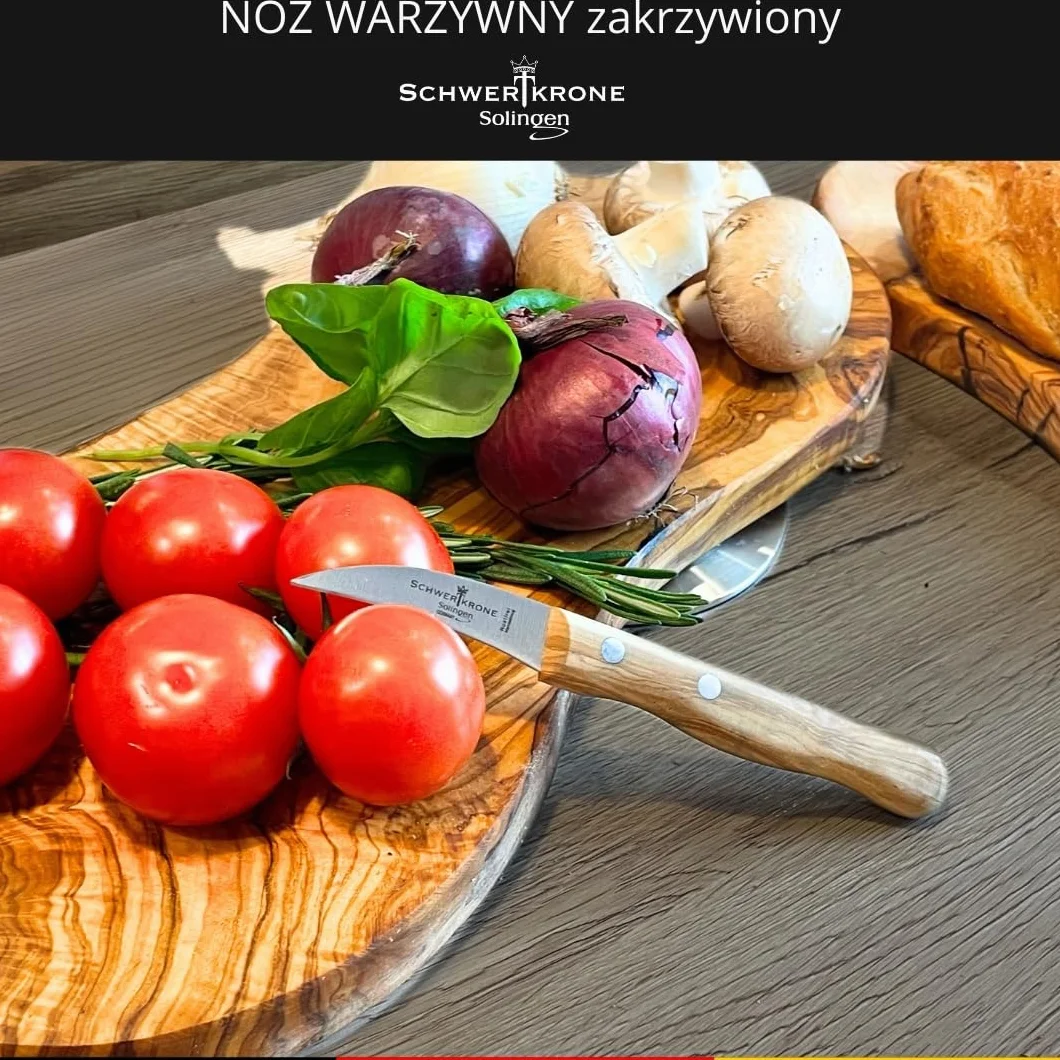 Schwertkrone Nóż Solingen, 1 szt., drewno oliwne, nóż do owoców, warzyw, ostry nóż do obierania, 15,5 cm, nierdzewny, wygięty w kształt ptasiego dziobu