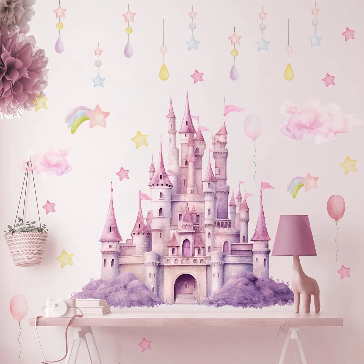 Runtoo Magiczny zamek księżniczki naklejki ścienne do pokoju dziewczęcego - odklej i naklej chmurę gwiazda naklejki ścienne - bajkowa dekoracja pokoju dziecięcego sypialni