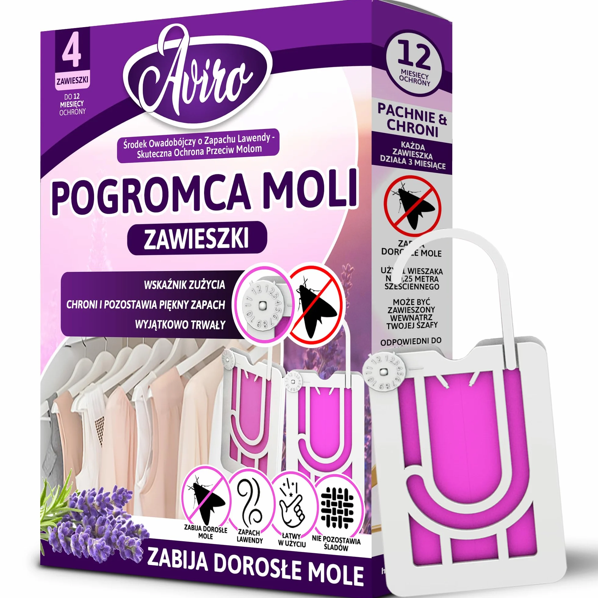 Aviro Zawieszka na Mole, Ochronna Pułapka na Mole Odzieżowe, Naturalny Zapach Lawendy, 4 szt.