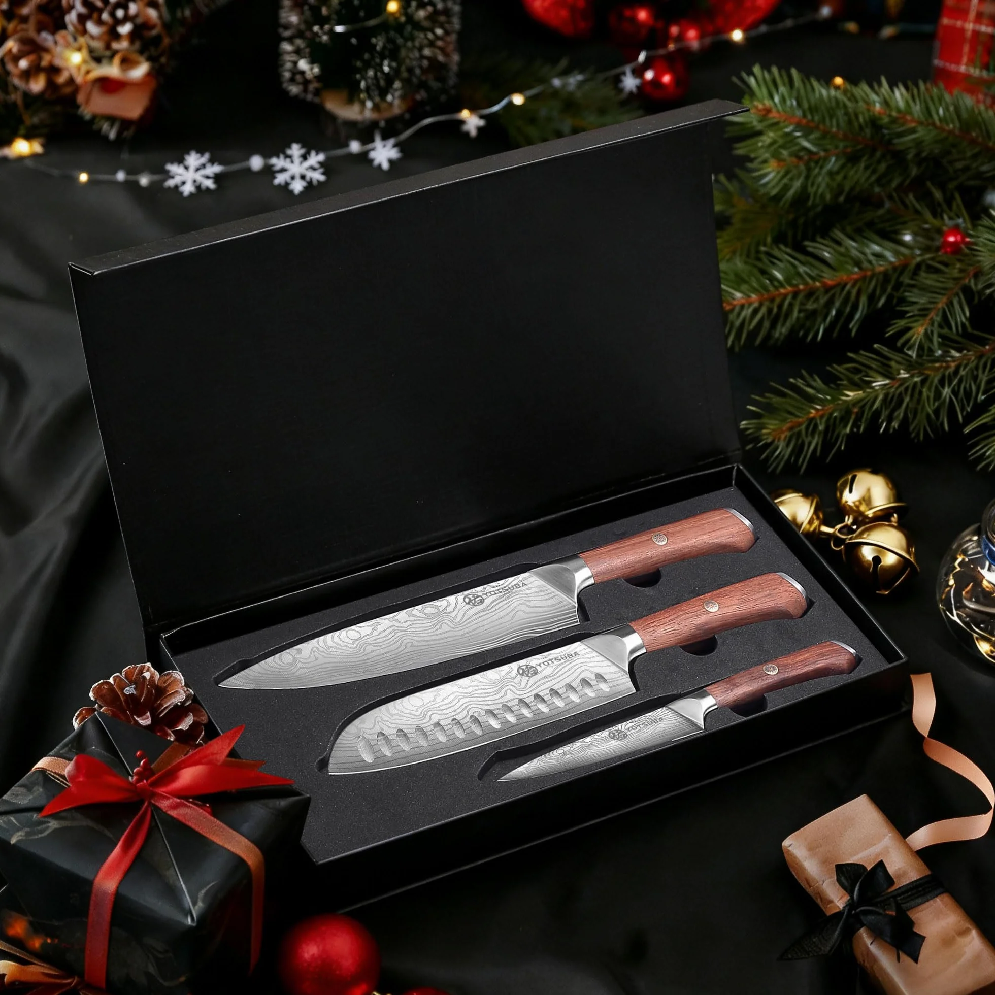 Zestaw noży YOTSUBA do każdego zadania, nierdzewny i trwały, zawierający nóż szefa kuchni i Santoku oraz wielofunkcyjny