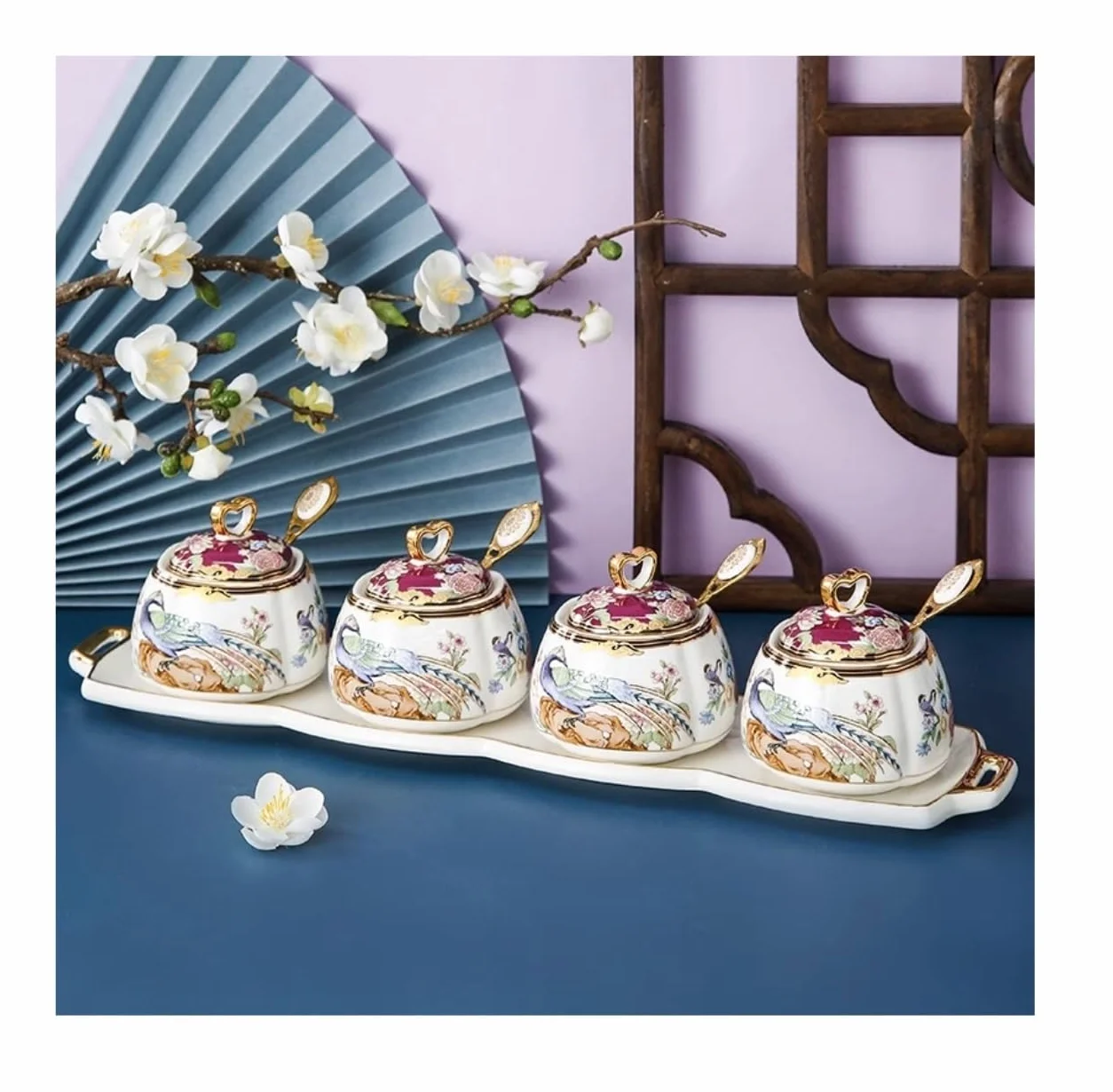 Pojemniki na Przyprawy Słoiki na Przyprawy Zestaw Ceramicznych Pojemników Na Przyprawy Z Łyżką W Pokrywce I Tacą Cukiernica Kuchenne Pudełko Na Przyprawy Domowa Butelka Na Przyprawy Do Sosu Pudełko na