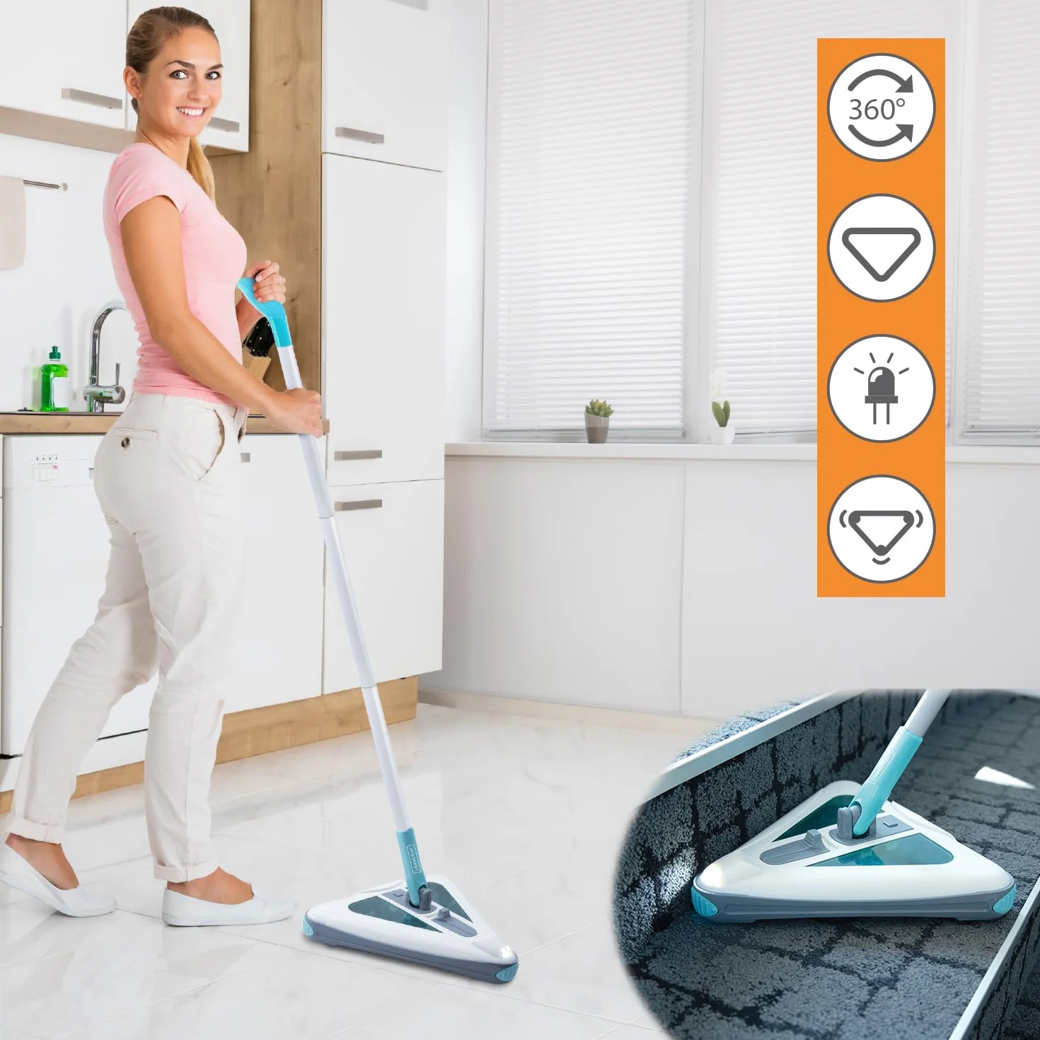 Elektryczny Mop do Podłóg - 4 Obrotowe Szczotki 360º z Pojemnikiem - Bezprzewodowa Zamiatarka z Oświetleniem LED - Składany Mop idealny do Drewna, Płytek, Laminatu i Dywanów