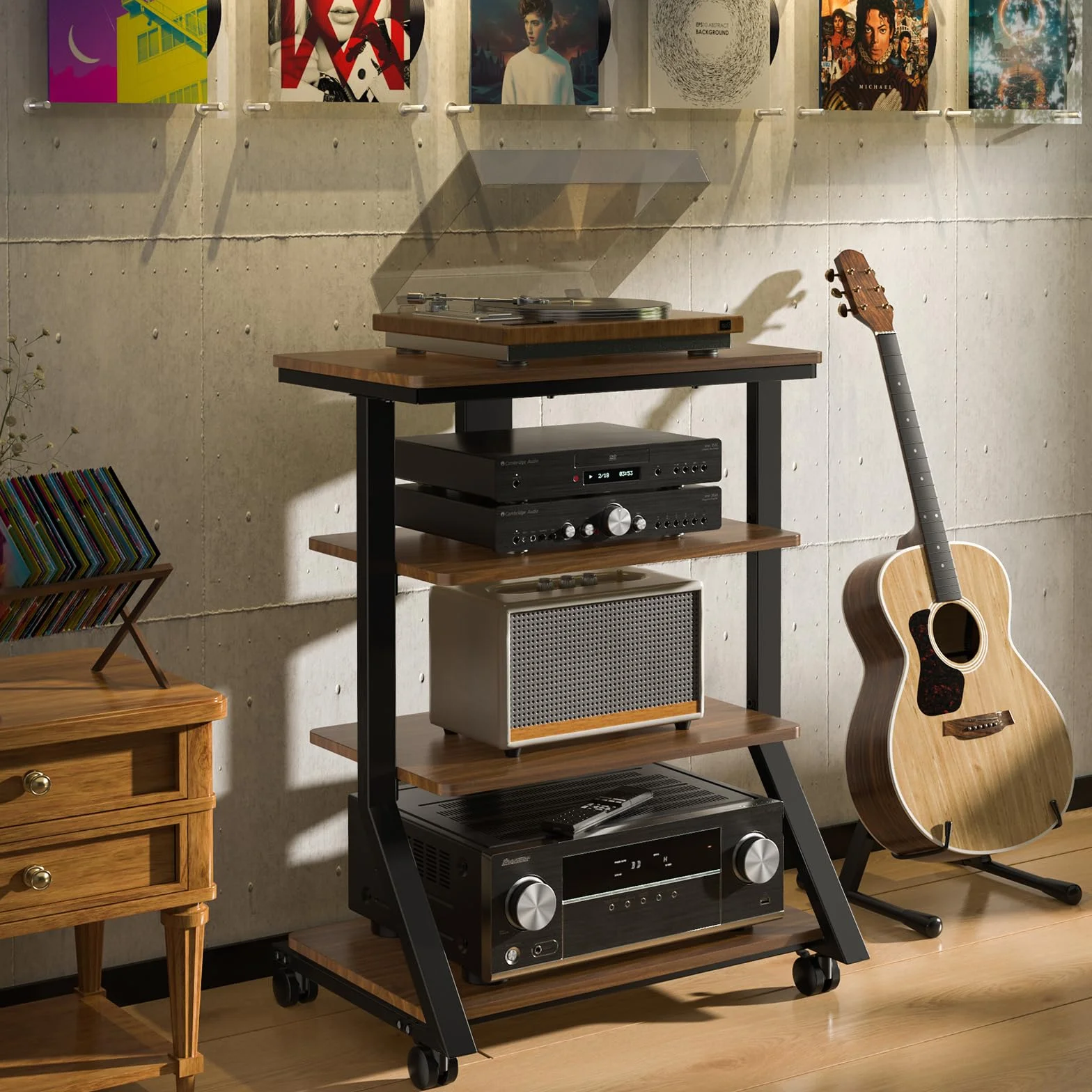 5Rcom Stojaki i stojaki HiFi stojak na audio, regał AV, stojak, 4 poziomy, drewniane półki na gramofon, odtwarzacz płyt DVD, jednostka rozrywkowa, wielofunkcyjna regulacja wysokości, nośność 54 kg