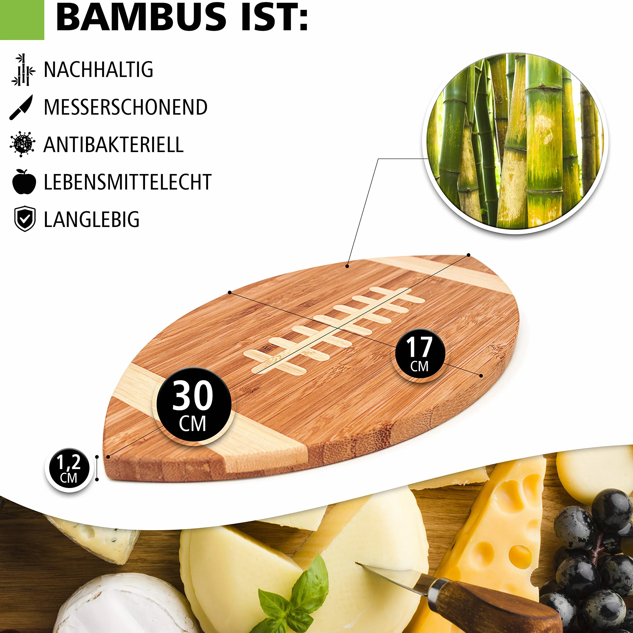 40YARDS American Football Brettchen aus Bambus-Holz für Frühstück, Abendbrot oder als Schneidebrett (30 x 17 cm)