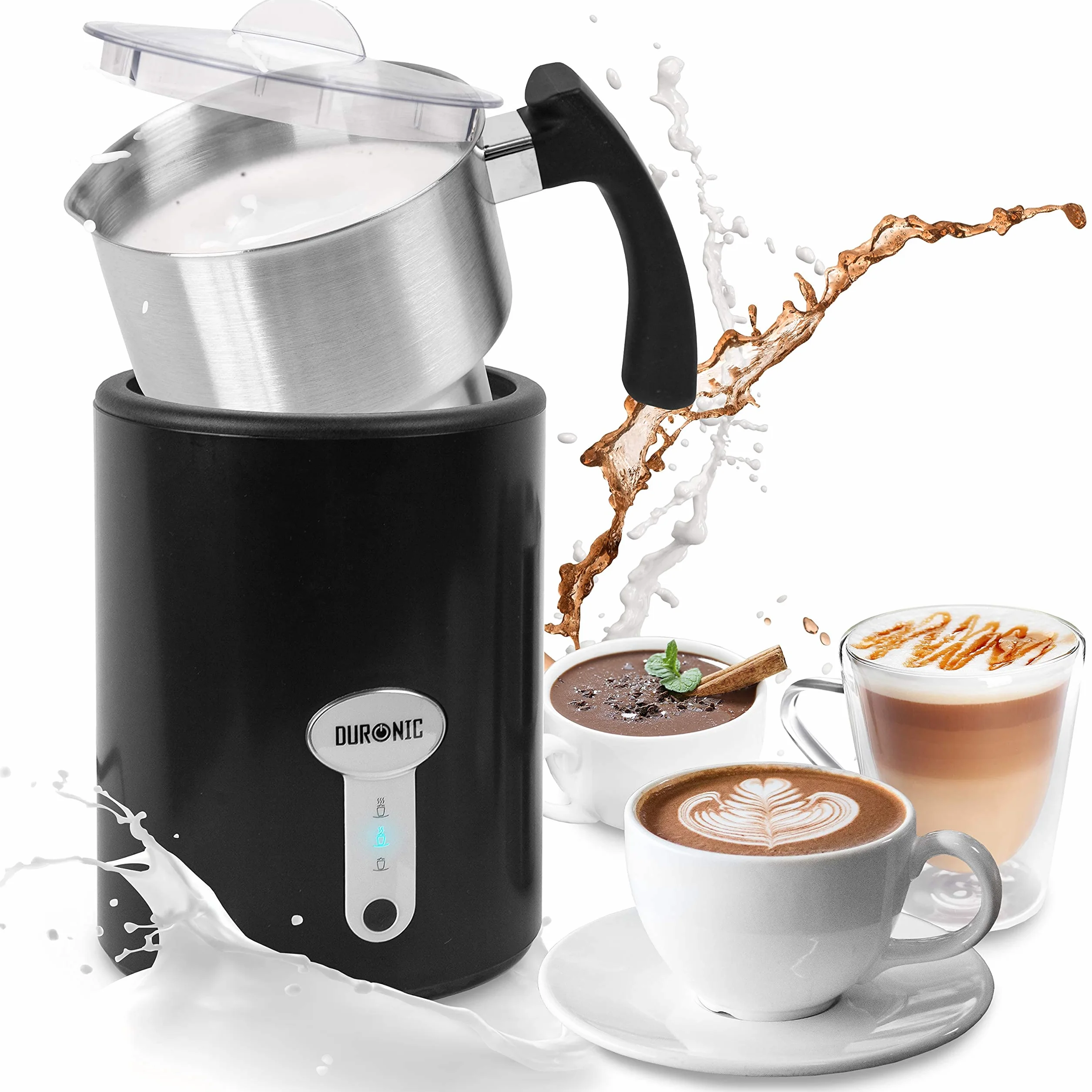 Duronic MF500 BK Automatyczny spieniacz do mleka elektryczny podgrzewacz ze stali nierdzewnej 500W | regulacja temperatury | pojemność do 500ml | schowek na końcówki w podstawie | do gorącej czekolady