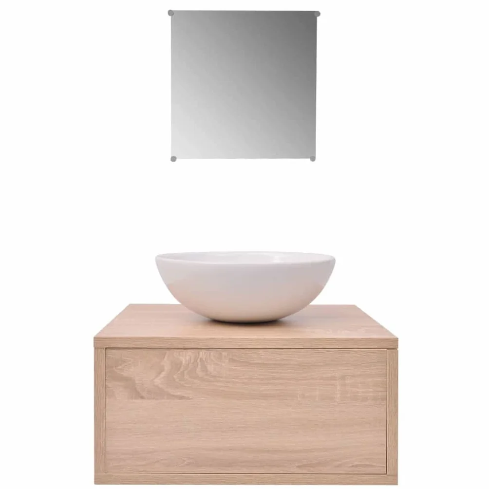 4-częściowy zestaw mebli łazienkowych beżowy z szafką dolną do montażu na ścianie, umywalka ceramiczna i bateria jednouchwytowa, nowoczesne meble łazienkowe