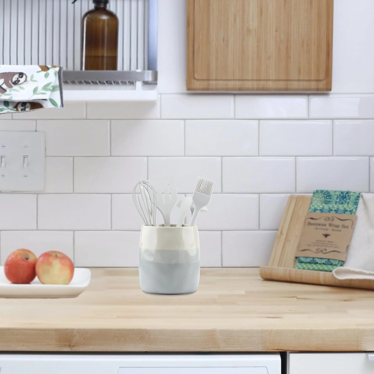 Ceramiczny Pojemnik na Przybory Kuchenne, Garnek na Akcesoria Kuchenne do Organizacji Blatu, Ceramiczny Organizer na Łyżki, Szpatułki i Sztućce, Kremowo-Szary Warstwowy Design (S)