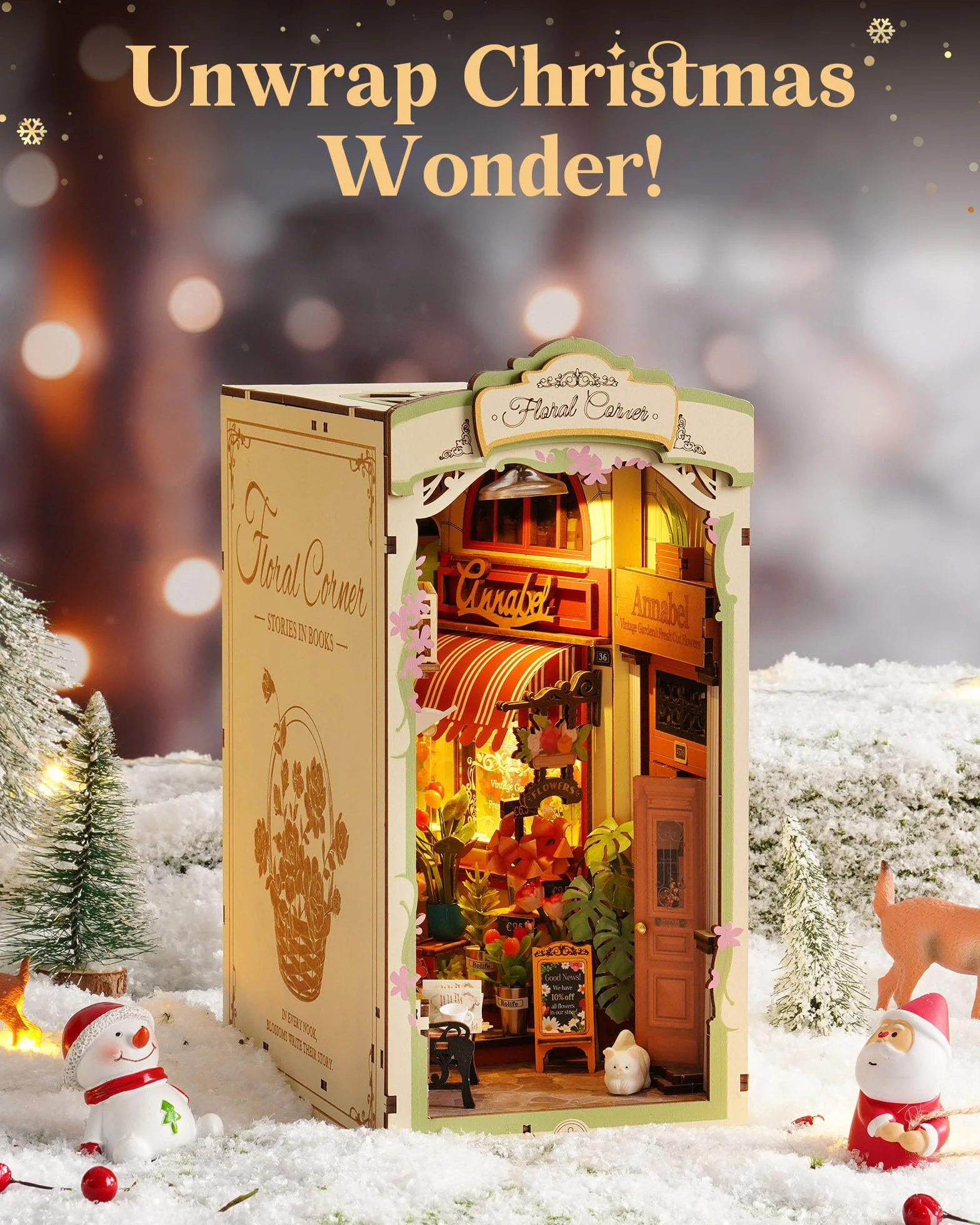 Rolife Zestaw Book Nook Kwiatowy Zakamarek z lampkami LED DIY Miniaturowy Zestaw Domku Drewniane Puzzle 3D dla Dorosłych do Budowania Dekoracja Półki na Książki Prezent na Boże Narodzenie i Urodziny