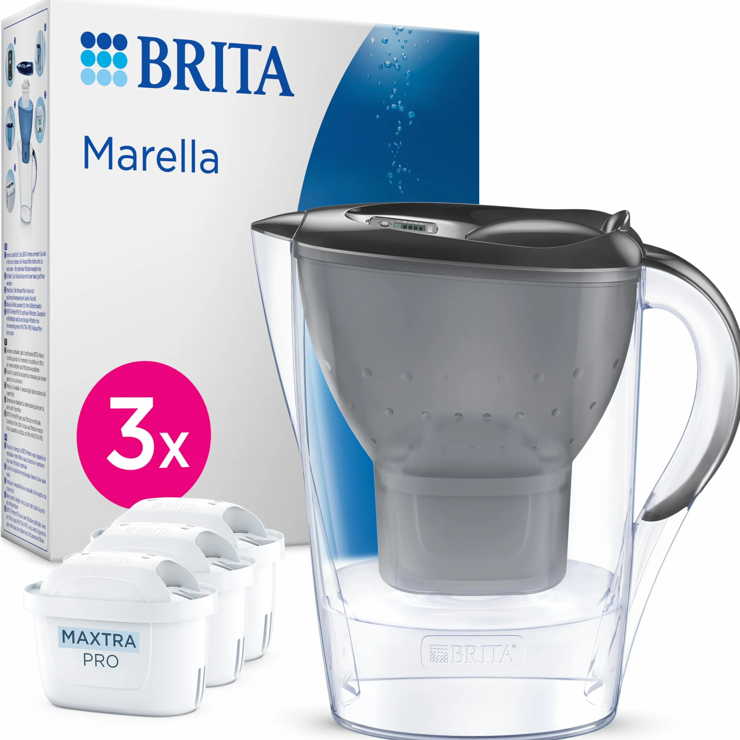 BRITA Dzbanek filtrujący Marella grafitowy (2,4 l) z 3 oryginalnymi filtrami BRITA MAXTRA PRO Pure Performance redukującymi chlor, kamień, PFAS i metale – elegancja i funkcjonalność