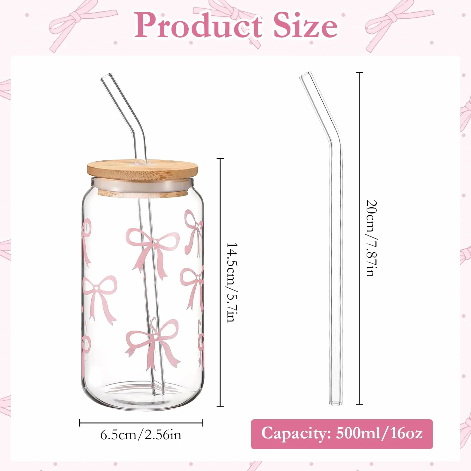 Szklany kubek do picia z pokrywką i słomką, szklany kubek Bow o pojemności 473 ml, szklanka do mrożonej kawy w kształcie puszki, różowa kokardka, uniwersalna szklanka do herbaty bąbelkowej