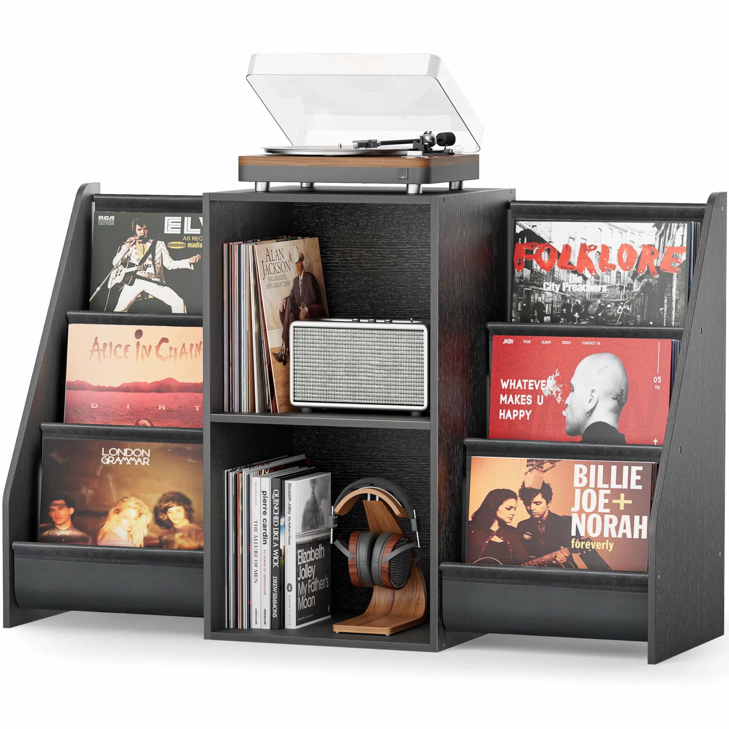 Bikoney Stojak na Gramofon z Półką na Winyle – Szafka Pod Gramofon z Miejscem na 300 Płyt, Konsola Multimedialna z Półką na CD do Winyli, Stereo i Gramofonów (Vintage Czarny)