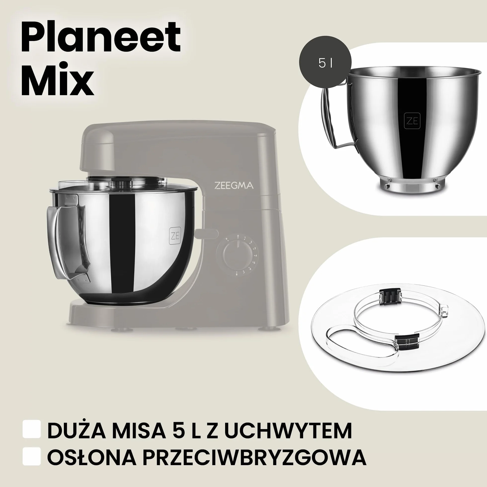 ZEEGMA PLANEET MIX Robot Planetarny 1800 W, Wielofunkcyjny Robot Kuchenny z Misą 5L z Uchwytem i Pokrywką, 8 Prędkości Pracy, 3 Narzędzia Miksujące Panel Dotykowy (Czarny)