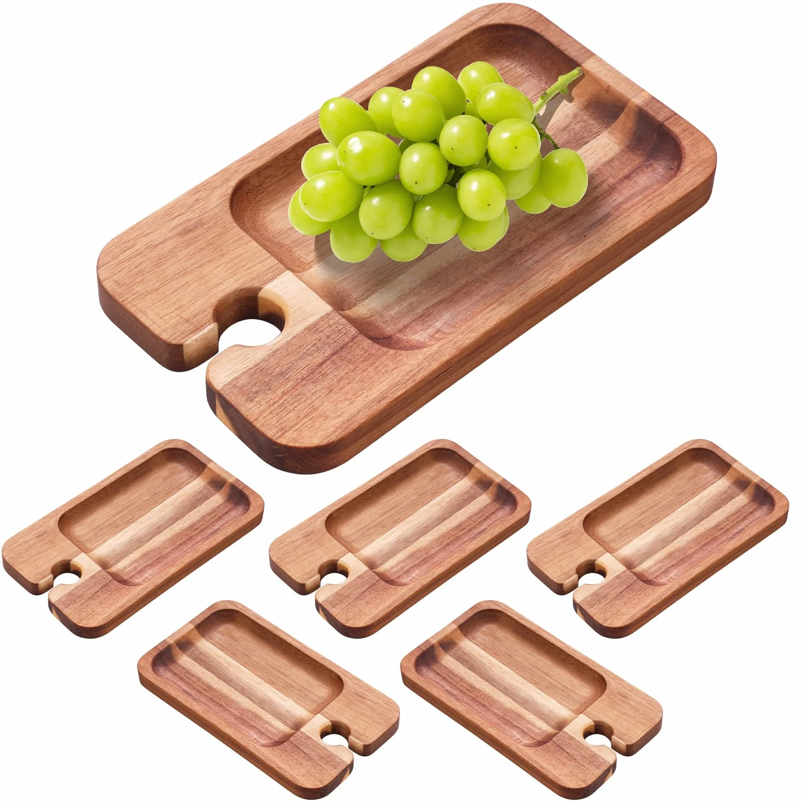 Drewniane talerze i tace do serwowania 21 x 12 x 1,5 cm, talerze na wino i przystawki z uchwytem na szkło, mini tablice do wędlin, serów i przekąsek, do owoców i sushi, 6 szt