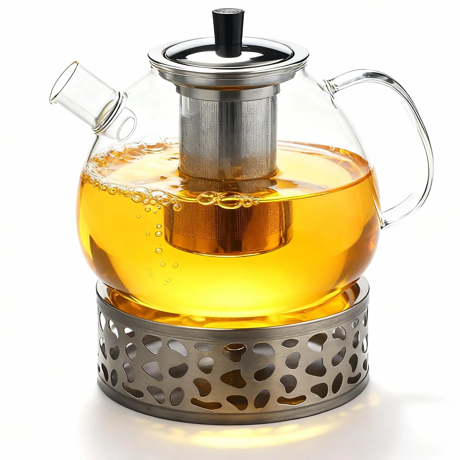 Dzbanek do herbaty ze szkła borokrzemowego, 1500 ml, z sitkiem, podgrzewaczem i pokrywką, nadaje się do mycia w zmywarce, do luźnej herbaty, herbaty owocowej, długo utrzymuje ciepło (1,5 l, nadaje się