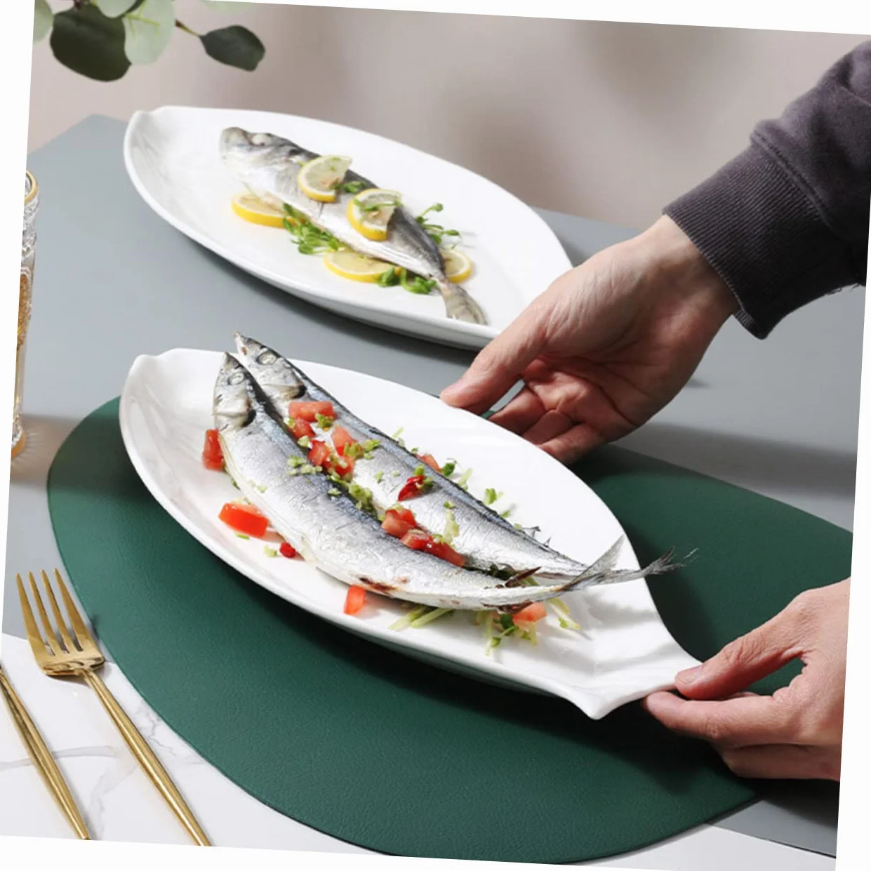 Biały talerz ceramiczny w kształcie ryby, trwała zastawa stołowa, wszechstronna taca do serwowania przystawek i deserów, idealna do użytku domowego, elegancka zastawa stołowa do rozrywki