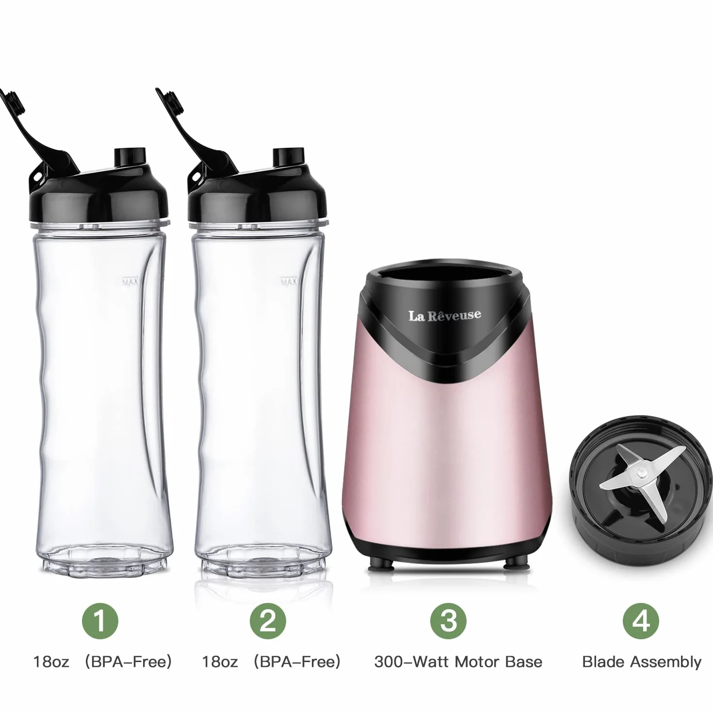 La Rêveuse Mix&Go mikser stojący do smoothie mikser elektryczny 300 W, osobisty rozmiar, 2 przenośne butelki sportowe bez BPA (550 ml), różowy