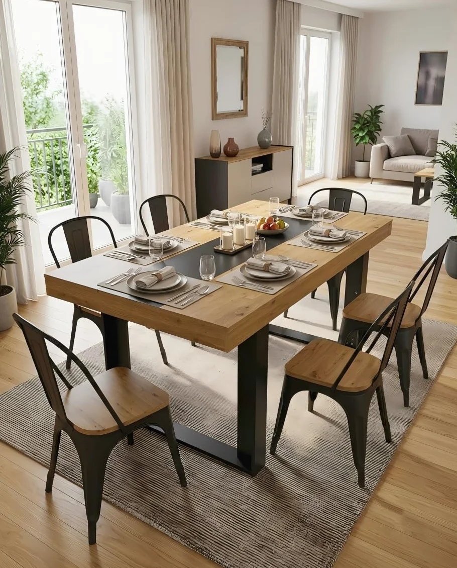 Prostokątny drewniany stół jadalny stół jadalny dla 4-6 osób, biurko 160x80 cm meble do jadalni odporne na zarysowania, wygląd dębu i czerni, 160x80x75 cm