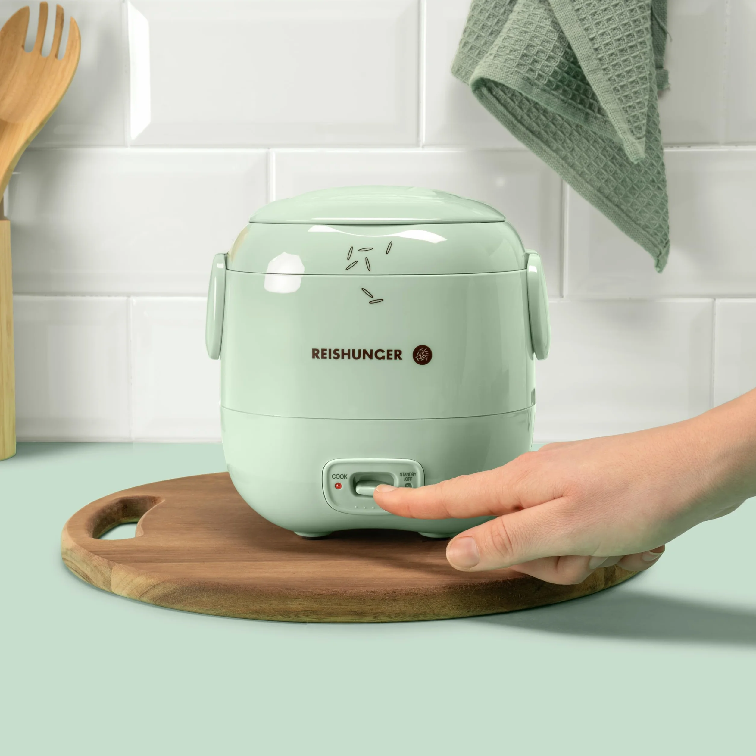 REISHUNGER Mini kuchenka do gotowania ryżu, kolor szałwiowy | 0,3 l – 1 – 2 porcje | powłoka ceramiczna – garnek premium | kompaktowy rozmiar do małych domków i do zabrania w podróż