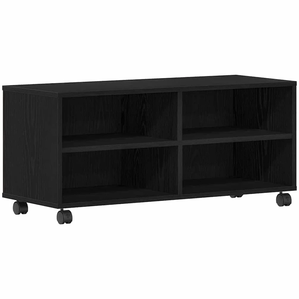 Szafka pod telewizor czarna, 90 x 35 x 40,5 cm, materiał drewnopochodny, nowoczesne wzornictwo, uniwersalna podstawka pod telewizor, oszczędzająca miejsce konsola medialna do salonu
