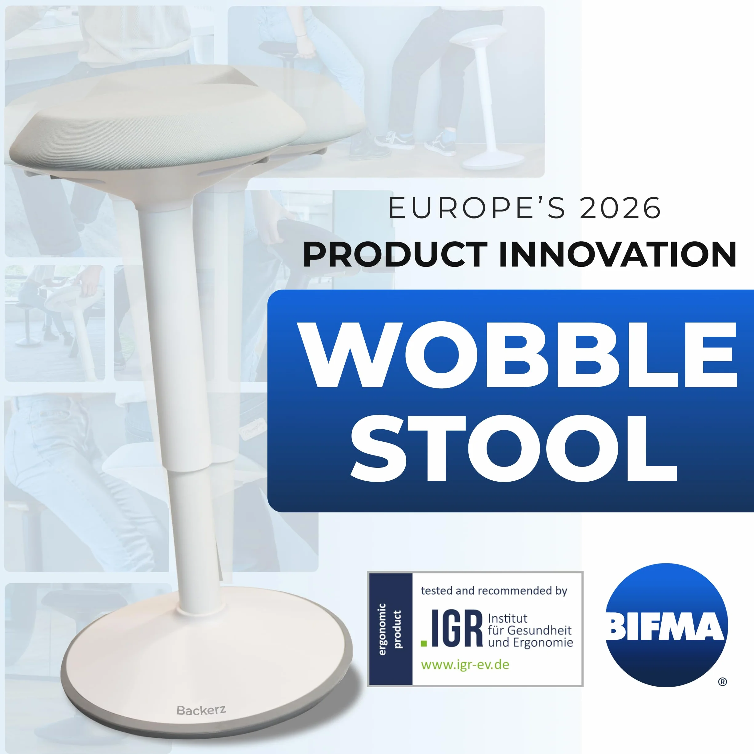 Backerz Ergonomiczny stołek biurowy – regulowana wysokość, stolnik drżący 40-60 cm – aktywne krzesło biurowe do stania z antypoślizgową podstawą do aktywnego przechyłu – biały
