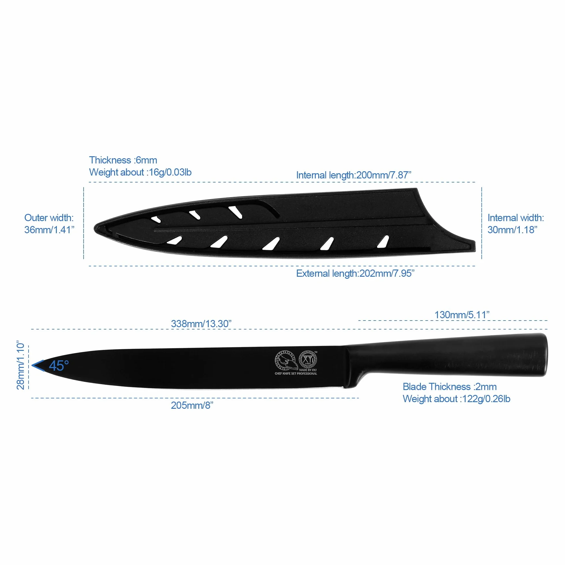 XYJ 8 Inch Professional Kitchen Knife, Full Black Japanese Chef Slicing Knife, Meat Cleaver, Vegetable Slicer Cutting Knife With Sheath, Edge Guard Protector, Outdoor Camping for Mom Dad